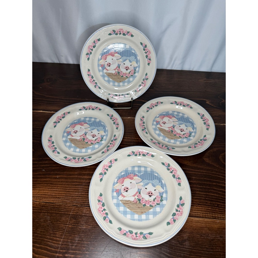 VTG Tienshan Stoneware Pig Pals Salad Plates Set of 4 Country Farmhouse  7.5 in - Picture 6 of 8